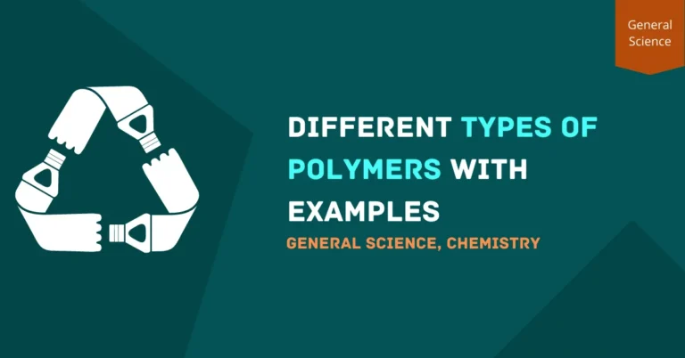 Types of Polymers with exampes written on a green background with a recycled logo