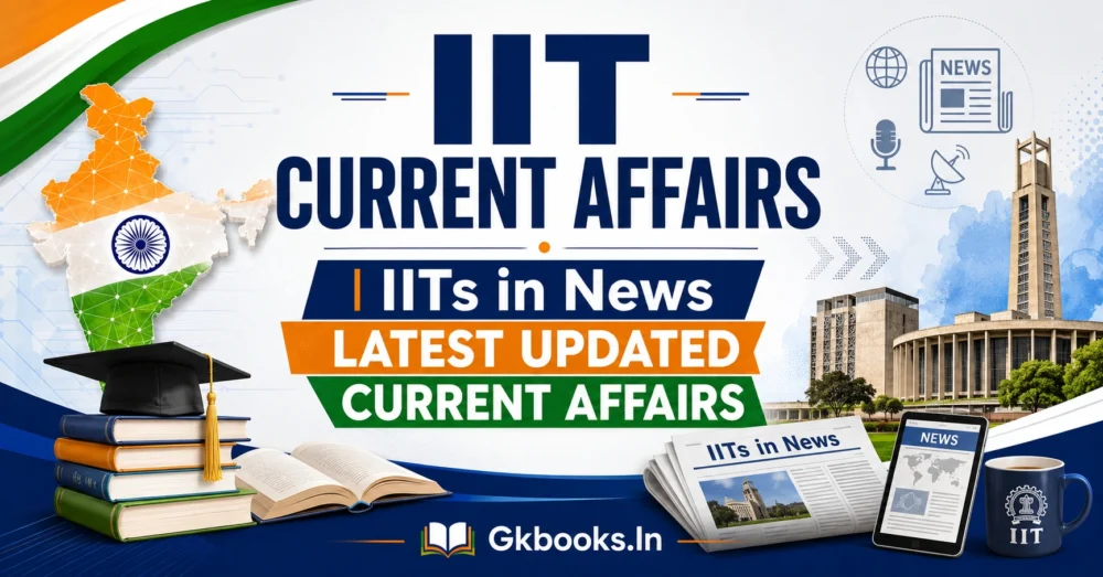 IIT Current Affairs feature image highlighting IITs in news, latest updates, Indian education, technology, campus buildings, books, and Gkbooks.In branding.